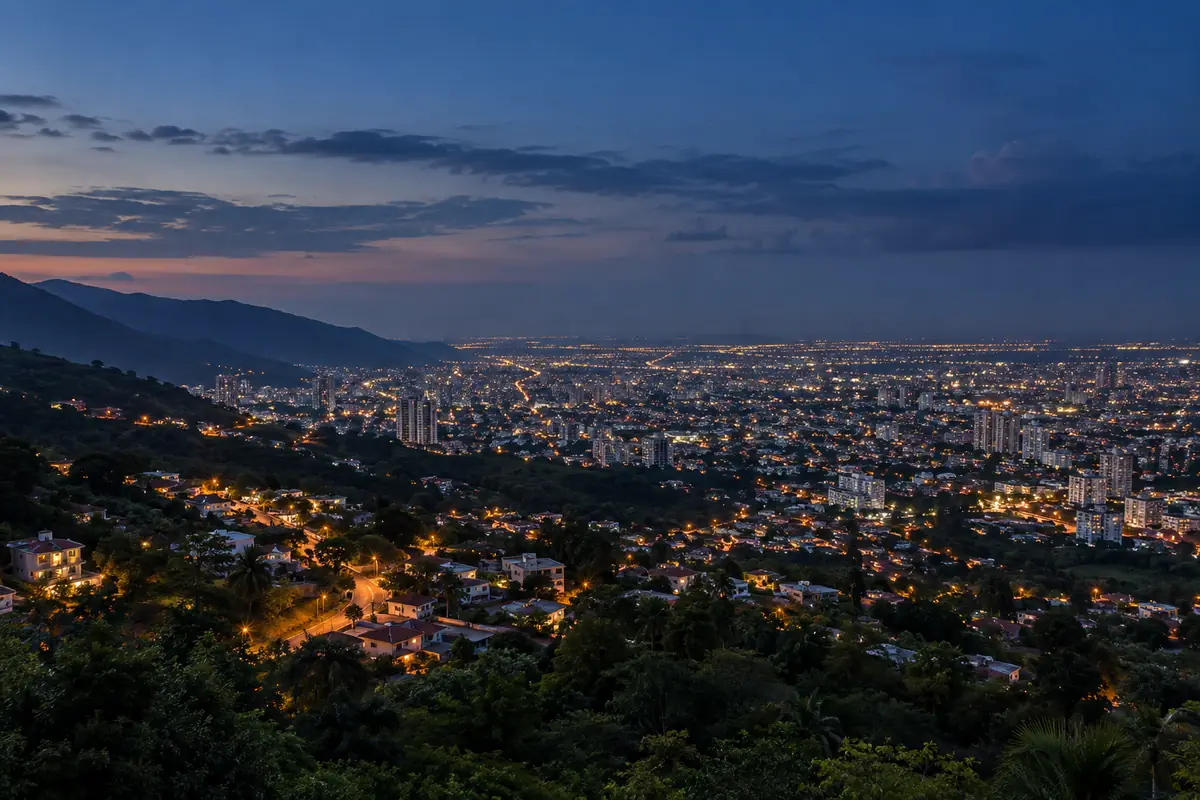 Cali, Colombia at dusk, seen from the hills to the west