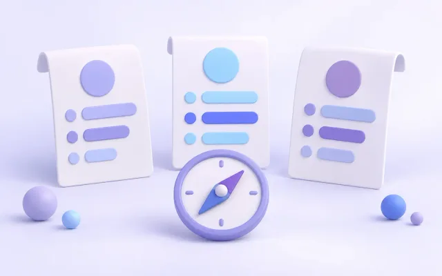 Three clay comparison cards stand behind a small compass