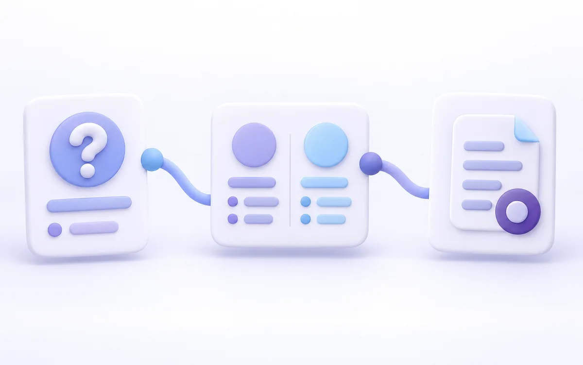 Three abstract guide cards linked from a question to a written plan