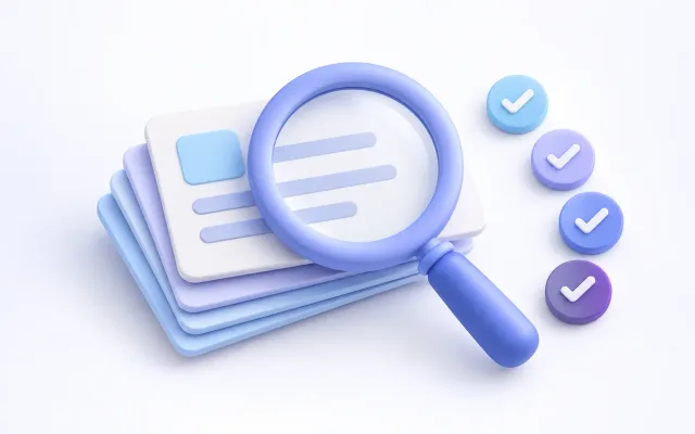A magnifying glass over blank cards and four small check tokens