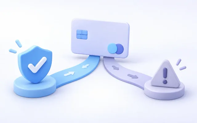 A clay payment card branches toward a shield and caution symbol