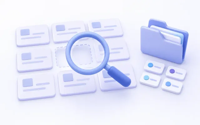 A magnifying glass searches blank registry cards beside a folder