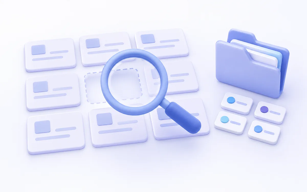 A magnifying glass searches blank registry cards beside a folder