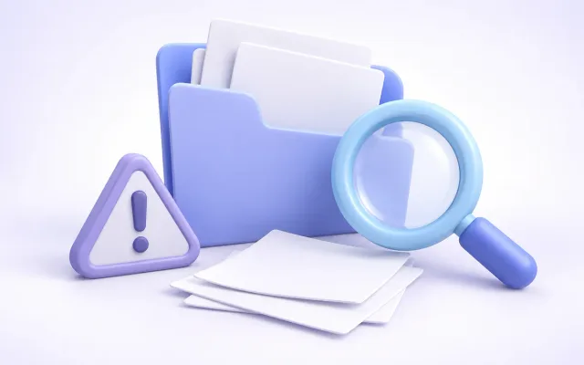 An open clay folder, blank papers, magnifier, and caution marker