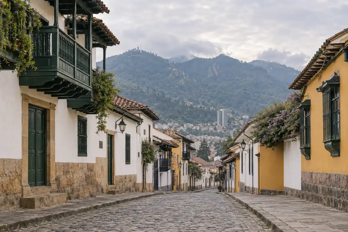 Illustration of a cobblestone street in Bogotá's La Candelaria with eastern hills