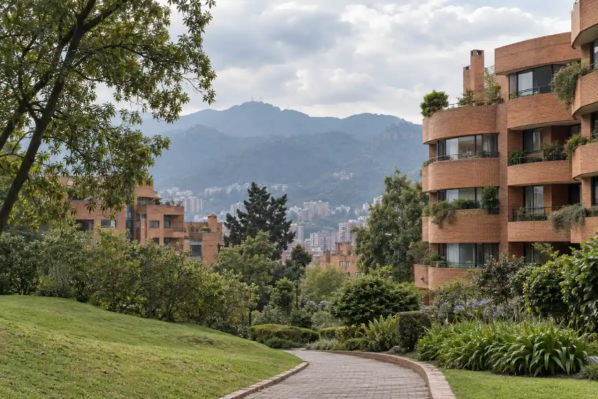 Illustration of red brick buildings in Bogotá with hazy Andean hills