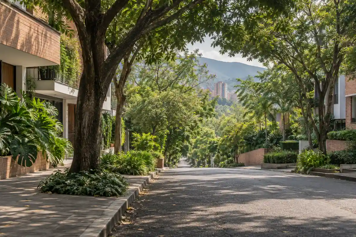 Illustration of a tree shaded residential street in Medellín
