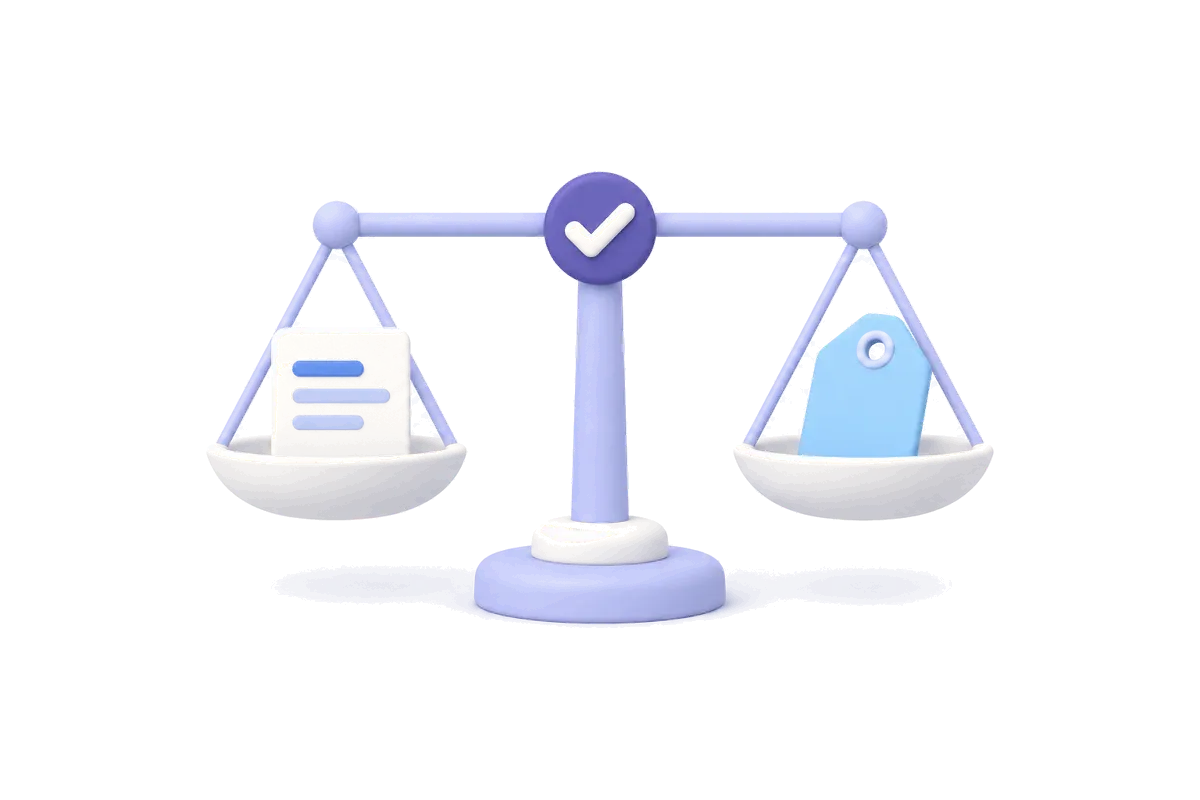 Illustration of a balance scale holding a written quote and a price tag, evenly level