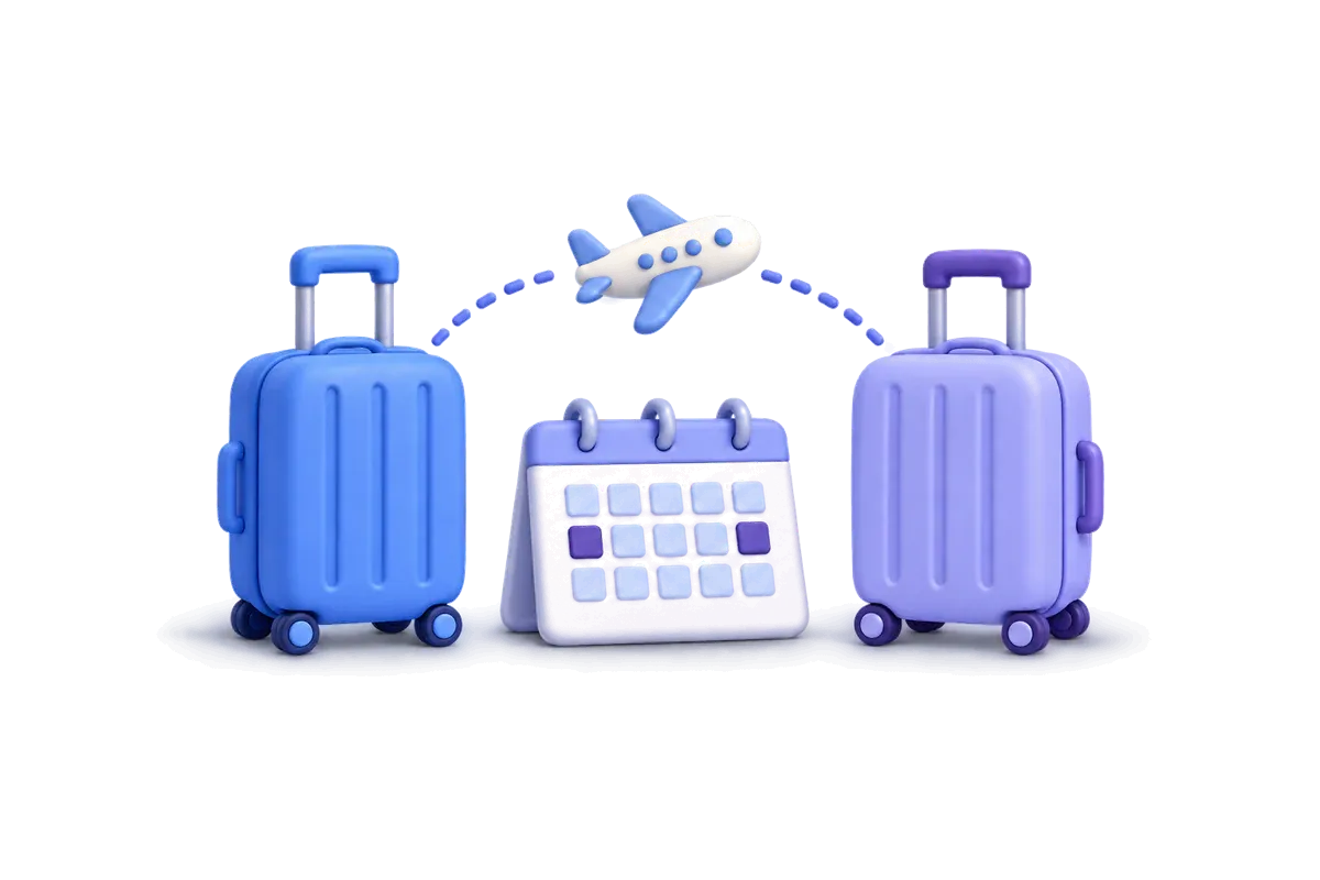 Illustration of two suitcases linked by a dotted flight path over a calendar with two dates marked months apart
