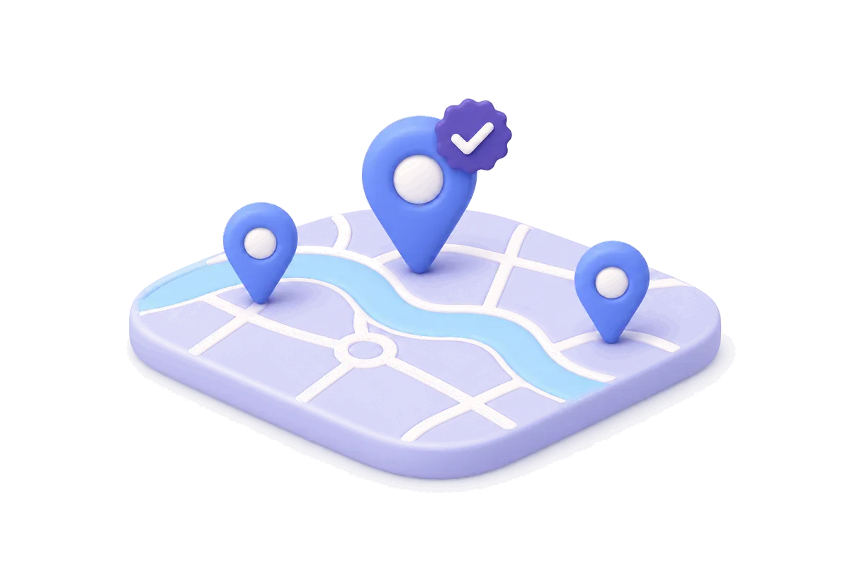 Illustration of a map with three pins, the tallest wearing a verification seal