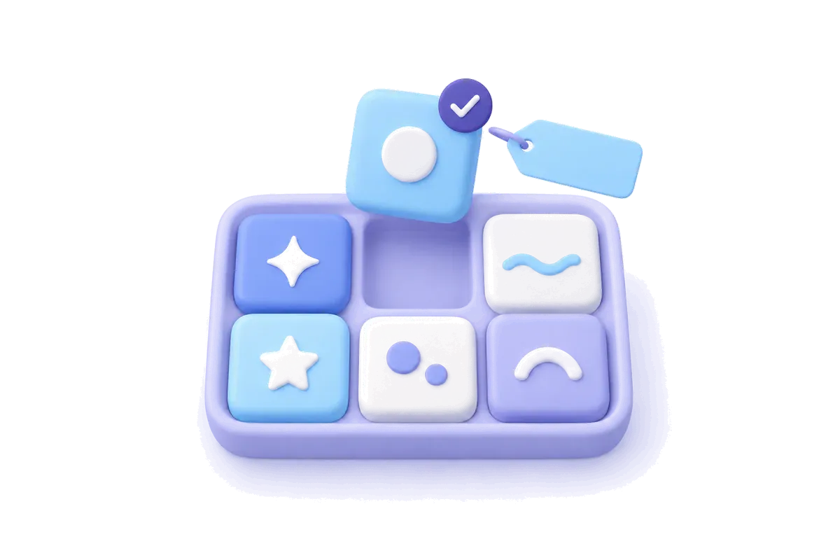 Illustration of a tray of treatment tiles, one lifted out with a price tag and a check