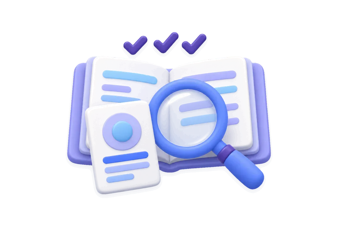 Illustration of a registry book, an ID card and a magnifying glass, with three check marks above